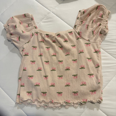 Old Navy Girls L (10-12) Pink Smocked Sleeve Square Neck Top Floral