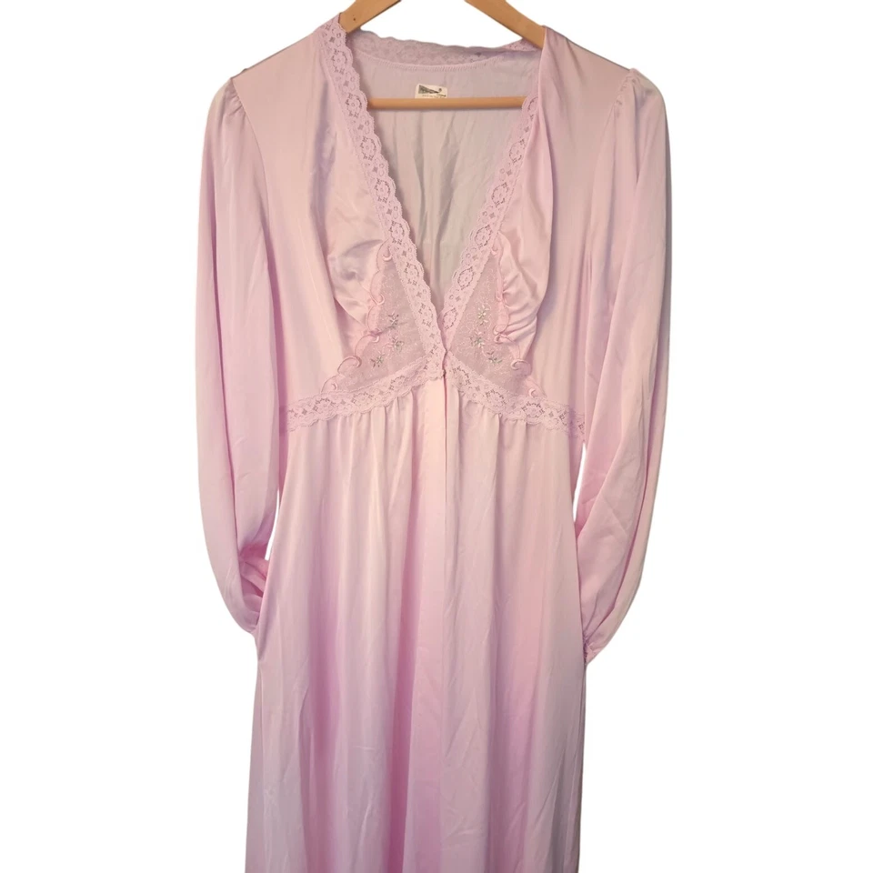 VTG SHADOWLINE Nightgown Robe Medium Pink Lace Silhouette Long Peignoir Plunge - Image 3 of 4