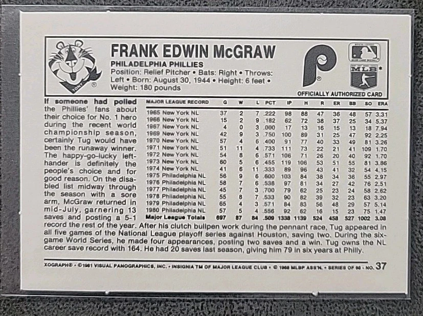 1981 Tug McGraw Kellogg's 3-D Super Stars Philadelphia Phillies NM-NMMT - Image 2 of 2