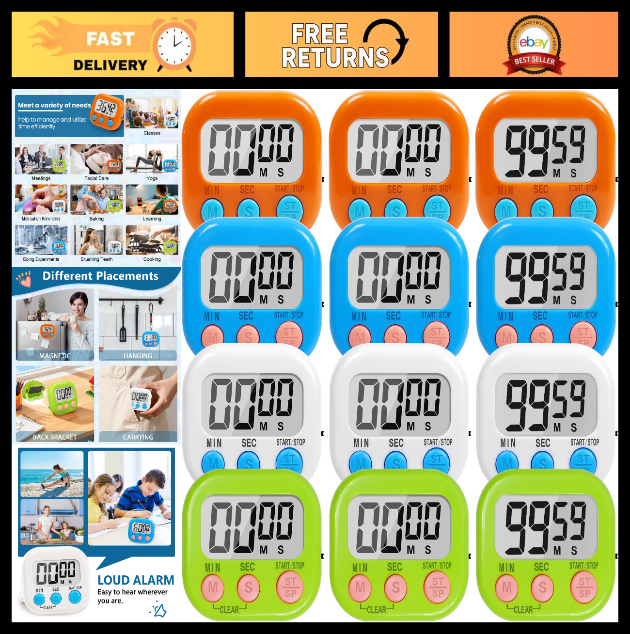 12 Pack Digital Countdown Timers with Loud Alarm & Magnetic LCD Display - Ideal