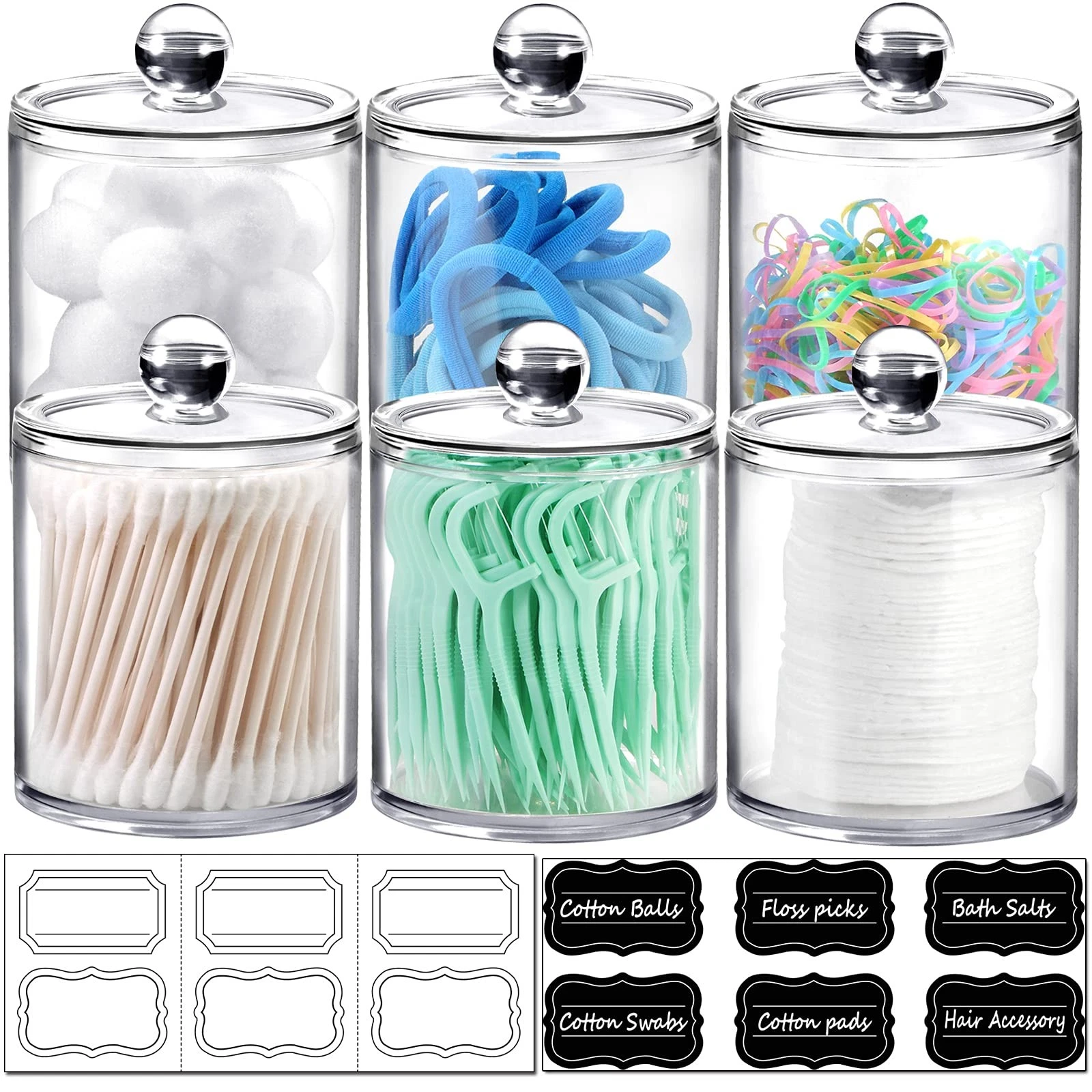 6-Pack Clear Acrylic Apothecary Jars with Labels - (3) 10oz & (3) 12oz Qtip H...