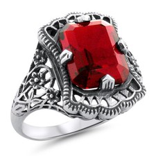 VIVID RED VINTAGE STYLE 925 STERLING SILVER SIMULATED RUBY FILIGREE RING  1225