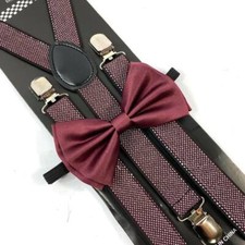 Burgundy Pattern Bow Tie  Suspender Set Tuxedo for Wedding Christmas Party