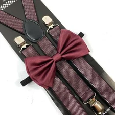 Burgundy Pattern Bow Tie & Suspender Set Tuxedo for Wedding Christmas Party 