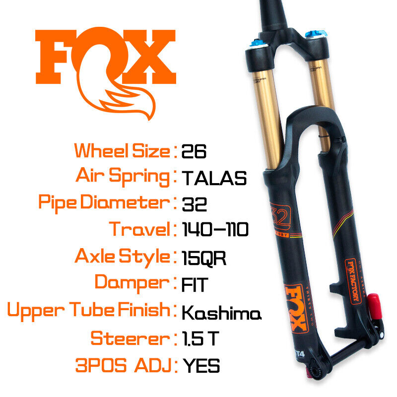 Fox 2016 TALAS 32 Fork KASHIMA 26in F-S 140-110mm 3Pos-Adj Fox 2016 TALAS 32 Fork KASHIMA 26in F-S 140-110mm 3Pos-Adj