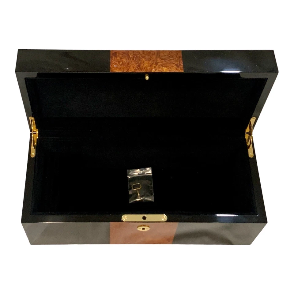 New! Piano Black and Burl Storage Box With Lock And Key - Image 2 of 4