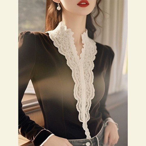 Women Lace Patchwork Velvet Shirt Mock Neck Top Long Sleeve Blouse Slim Fit - Bild 10 von 10