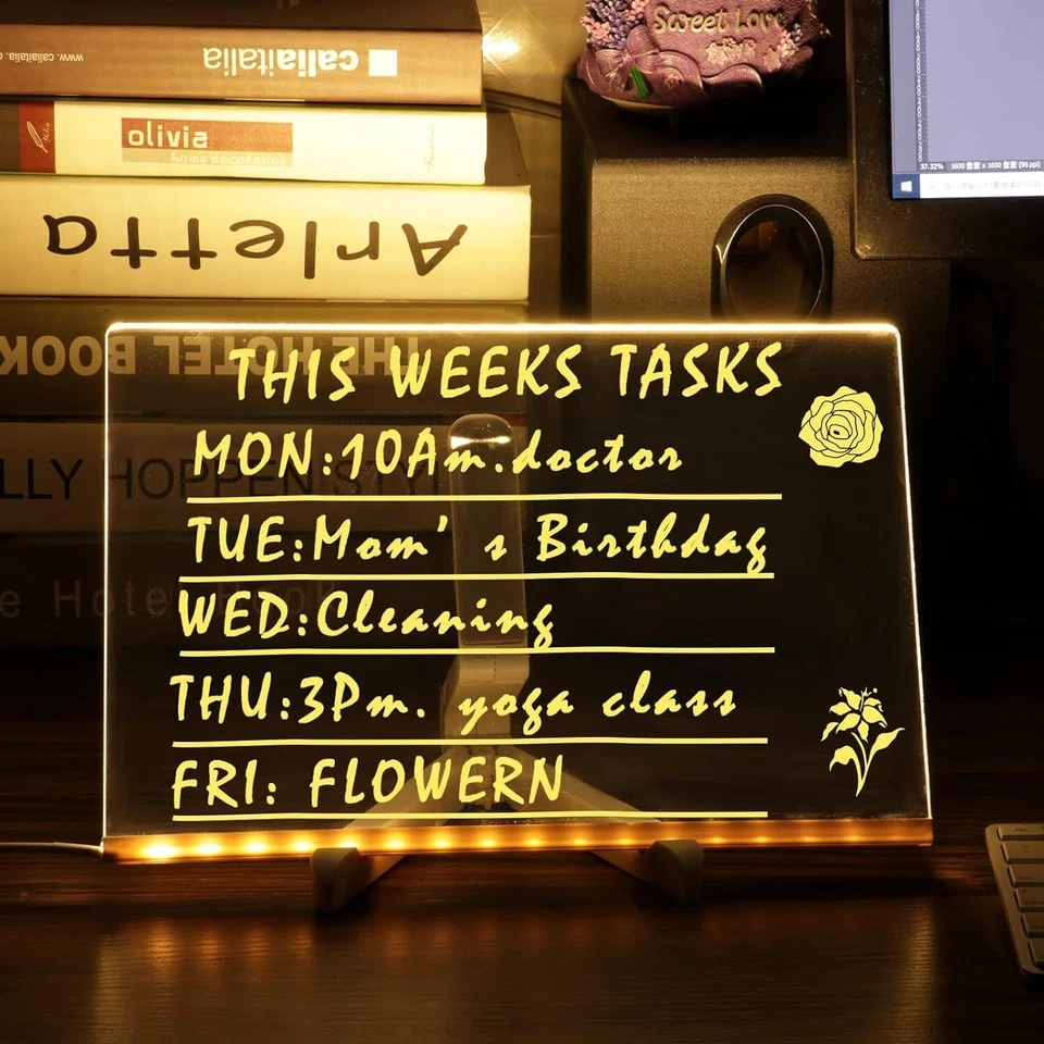 Note Board LED Acrylic Dry Erase Board with 7 Color Pens for Home Office Bar US - Image 3 of 4
