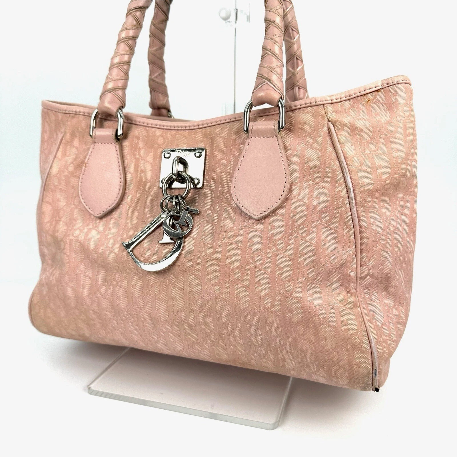 Sac à main CHRISTIAN DIOR rose trotteur toile et cuir sac à main authentique