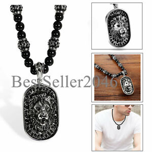 Men/'s Stainless Steel Lion Head Shield Pendant With Onyx Beads Chain Necklace US