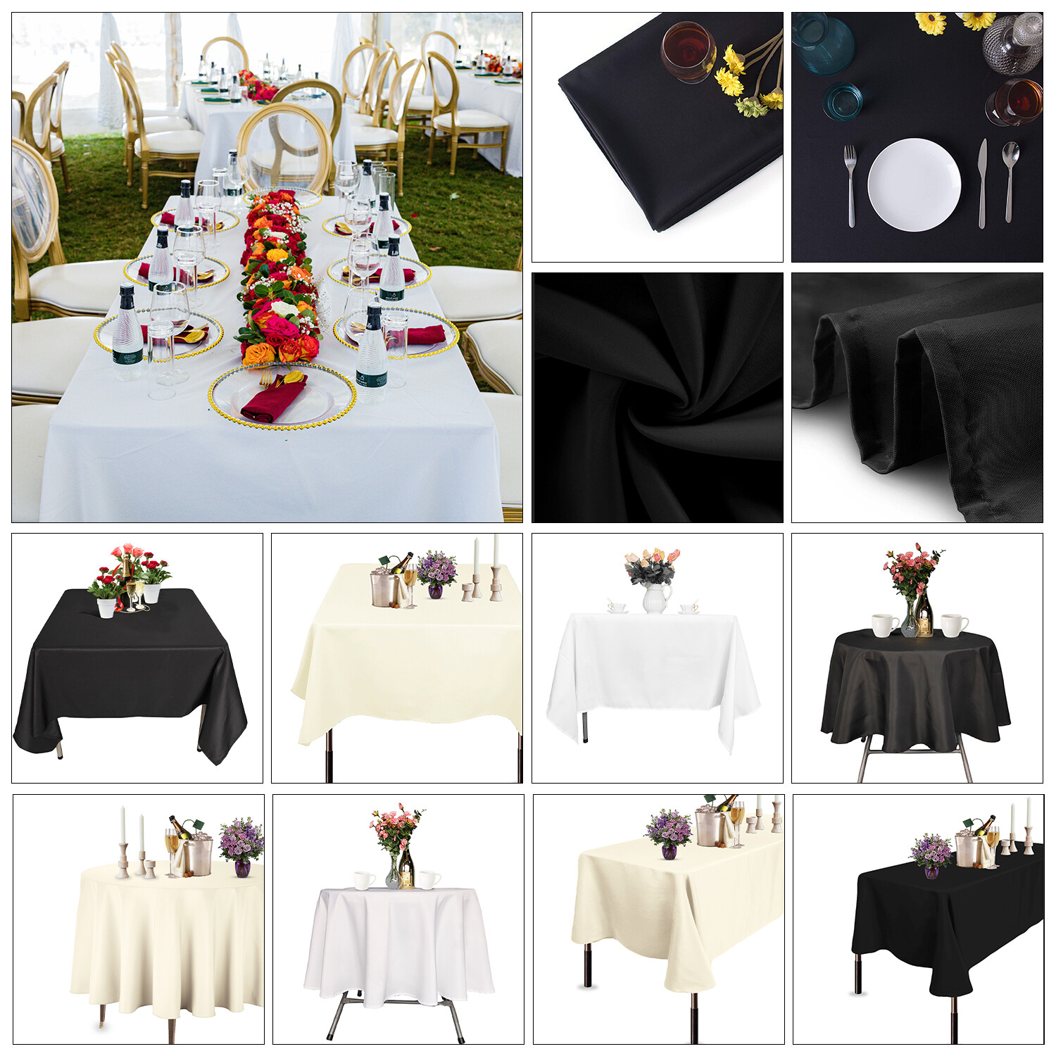 1-10pcs Blanco Negro Marfil Poliéster Mantel Grande Cubierta Fiesta Boda Comedor
