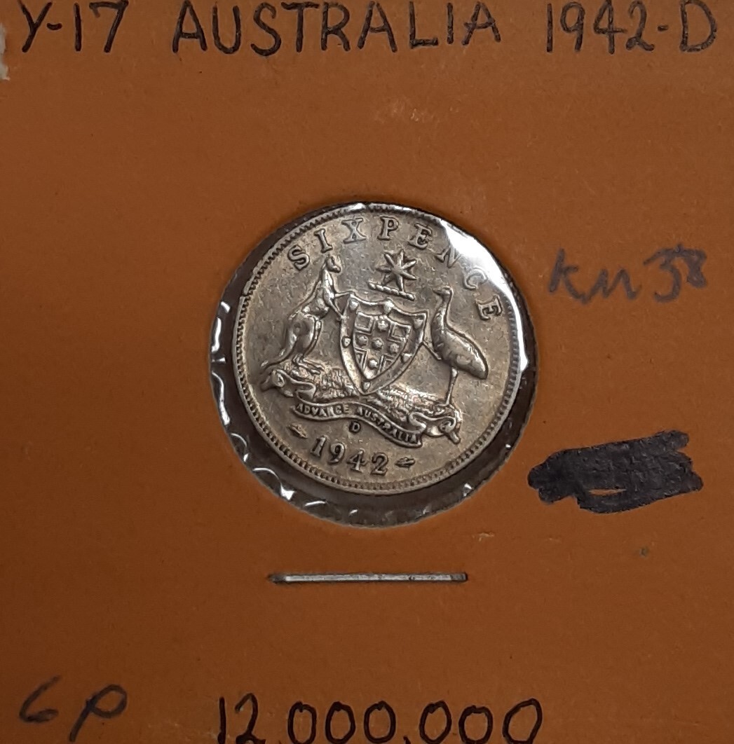 Australia 1942-D Sixpence Silver Coin of George VI - Coat of Arms