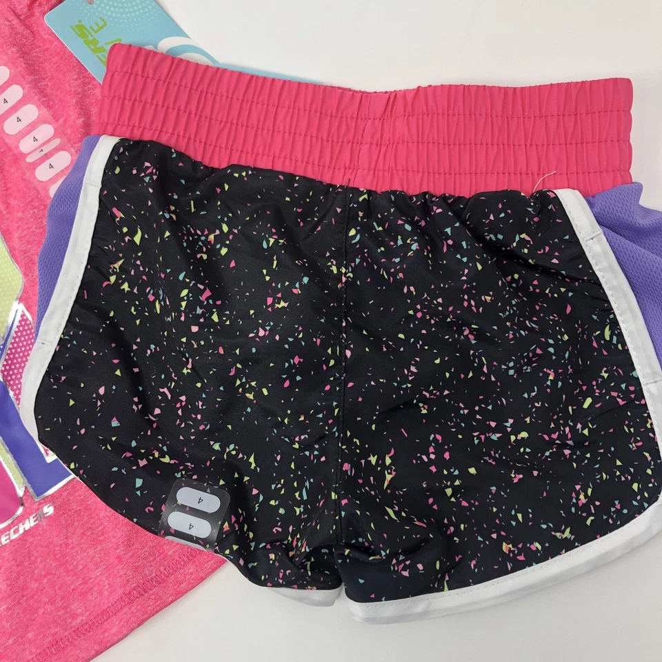 Niñas 4 Skechers Active Camiseta Pantalones Cortos Conjunto Rosa Negro Plata Hermosa K5 Foto 3 de 4