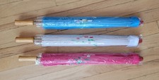 Fabric Chinese Parasol 32" 3 Piece Set 1 Red 1 Whit 1 Blue Floral Design Prints