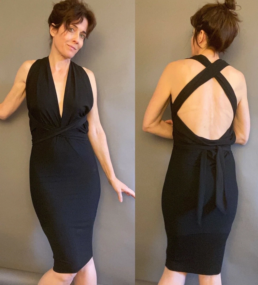 Donna Karan Black Label Collection viscose bodycon Dress Sz S tie wrap open back