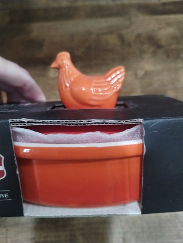 New Casserole Ramekins w hen Lids Baking Crock SWISS PRO Glossy Orange 6" - Picture 4 of 6
