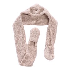 3 in 1 Women Girl Hooded Scarf with Pockets Hat Long Scarf Gloves Plush Warmer