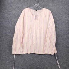 Gap Top Womens XL Extra Large Pink Long Sleeve Tie Neck Striped Linen Blouse