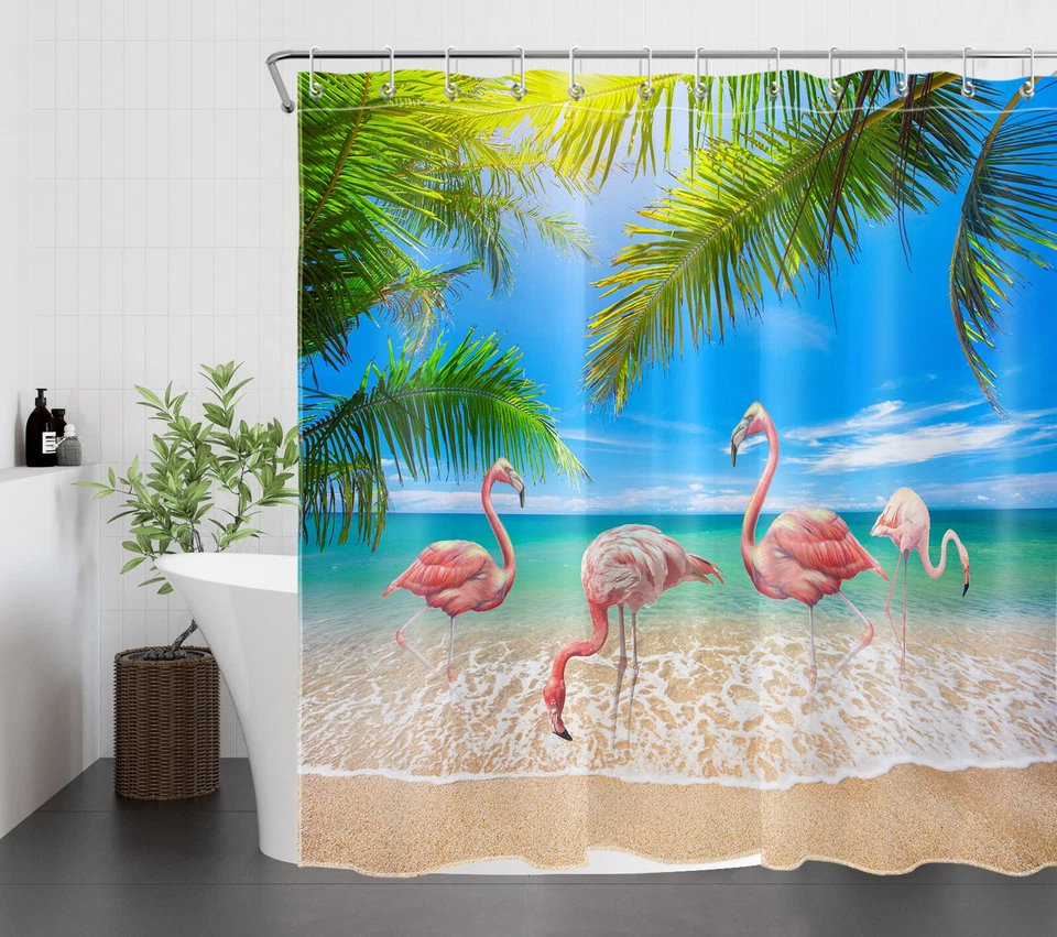 Summer Beach Ocean Palm Leaf Pink Flamingo Shower Curtain Set for Bathroom Decor - Image 4 of 4