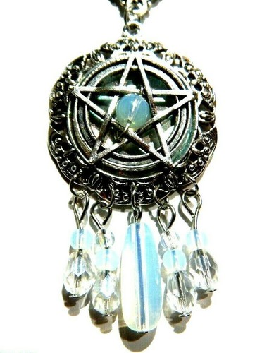 PENTAGRAM & OPALITE beaded wiccan pendant necklace witch gothic amulet 6C - Picture 4 of 5