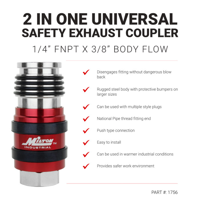 Milton&reg;2 In ONE Universal Safety Exhaust Industrial Coupler,1/4" NPT x 3/8" Body