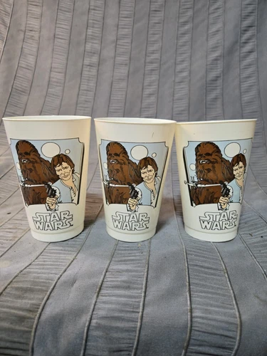 3 Vintage STAR WARS Plastic Promo Cup 1977 HAN SOLO CHEWBACCA Coca-Cola