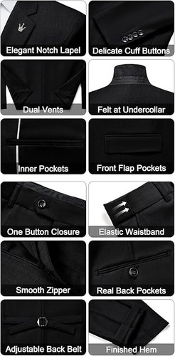 Magier Herren Schwarz Anzug Slim Fit 3 Teiler 3XL 48R 42W 1 Knopf Kerbe Revers - Bild 3 von 4