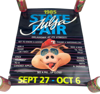 RARE Vintage 80 s Tulsa State Fair Pig Mascot 19 x24  Poster 1985