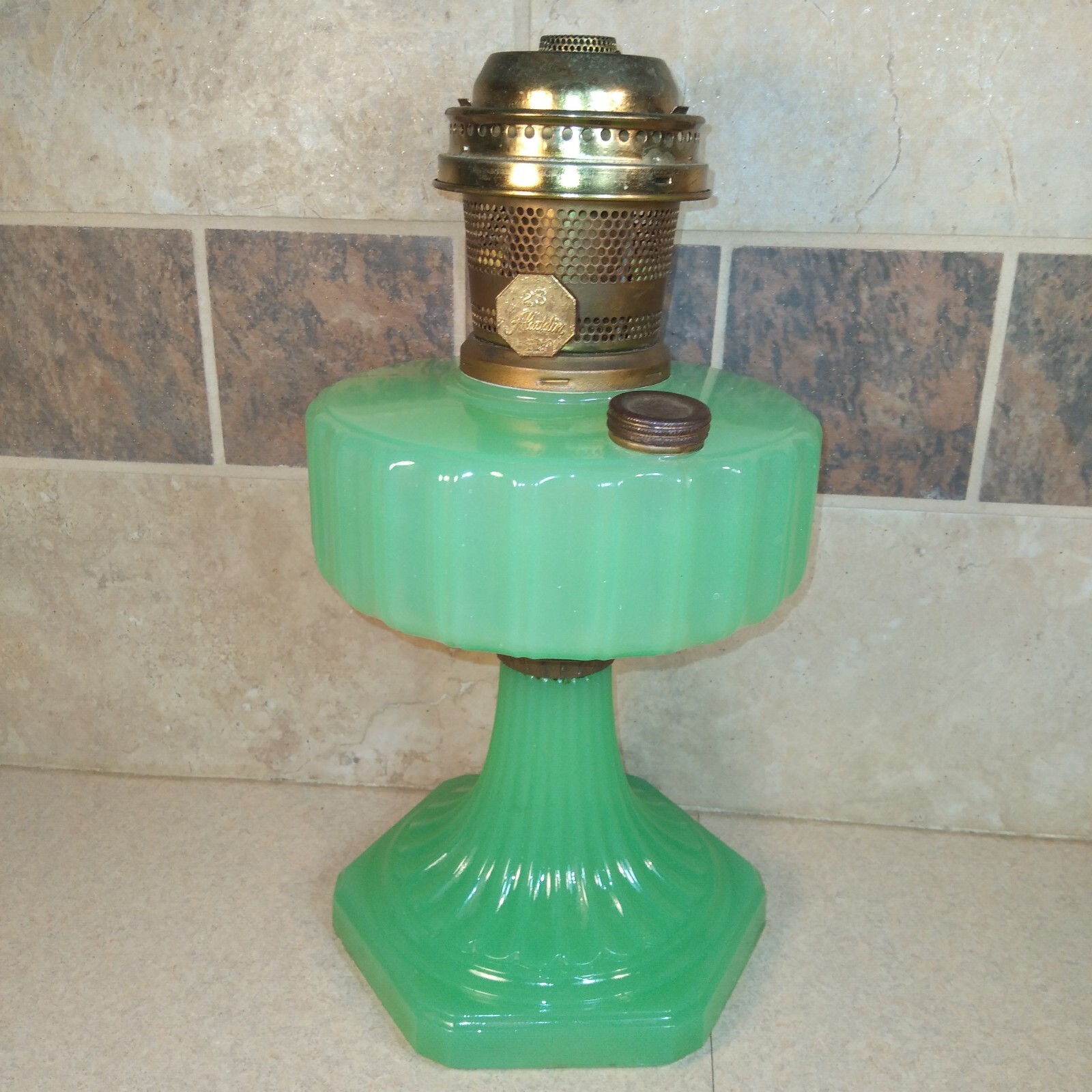 Antique Aladdin Oil Lamp Corinthian Pattern Jadeite Jade Green Glass