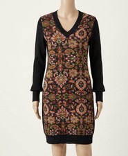 Xpression Womens XL Black Paisley Tapestry Knit Sweater Dress Tunic V-Neck Boho