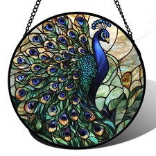 Stained Glass Window Hanging, Turquoise Peacock Sun Catcher for Door Home Dec...