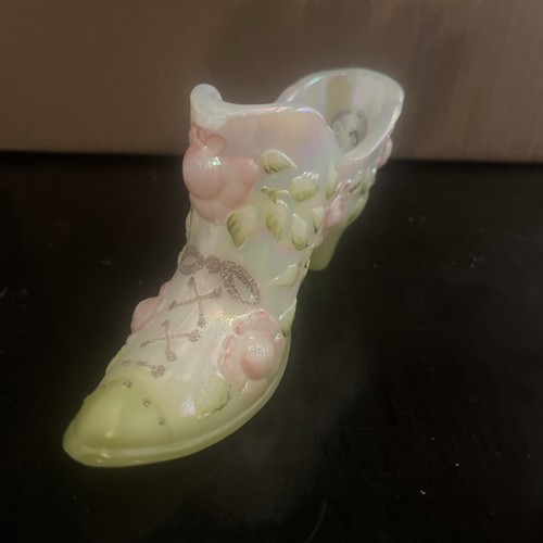 Fenton Glass Slipper Shoe Rose Cabbage 95 Anniversary  Signed