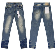 Blue Purple Brand Men's Personality Washed Pattern Design Pants Casual Jeans