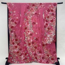 Japanese Kimono Furisode Pink floral Free shipping Vintage 5070