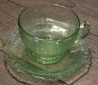 Hazel Atlas Glass Florentine Poppy Green Uranium Cup & Saucer Set