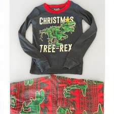 Christmas Dinosaur Tree-Rex Graphic Print PJ Pajama Top Bottom Set Boy Kid Sz 6