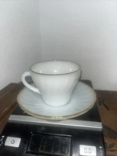 FIRE KING ANCHOR HOCKING Milk Glass Swirl Shell Gold Rim Teacup & Saucer Set