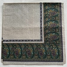VTG Handkerchief Beige Cottom Flourish Border Paisley Floral Pocket Square 18"