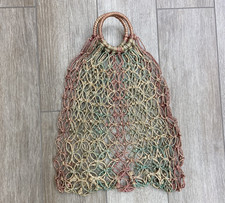 Vintage 1930s Crochet Rope Net TriColored Purse Wooden Handle Beach AS IS