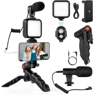 Phone LED Video Light Mic Tripod Kit + Bluetooth for Phone Camera Video Vlogging