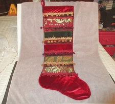 Vtg Jumbo Velvet Jacquard Christmas Stocking Front Tiered Gift Pockets Poms 33"