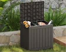New 31-Gallon Outdoor Storage Box | Waterproof Lockable Resin Deck Bin | Grey
