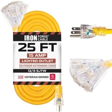 IRON FORGE CABLE 25 Foot Lighted Outdoor Extension Cord with 3 Electrical Power