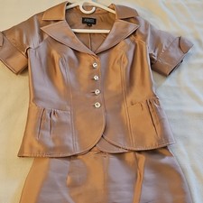 Adrianna Papell 2-Piece Beige Satin Skirt Suit Notch Short Sleeve 16, size 6