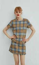 Zara Tweed Look Dress S Plaid Check Fringe Hem Mini Short Sleeve Blue Yellow