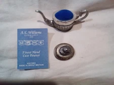 A.E.Williams English Pewter Pin Cushion - Teapot with lid, blue velvet