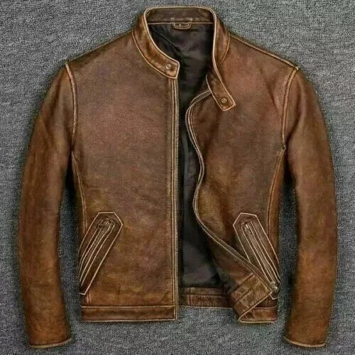 Men’s Distressed Brown Leather Jacket – Classic Vintage Café Racer Biker Style