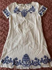 Lulus Womens A Line Dress White Blue Floral Scoop Short Sleeve Embroidered XS