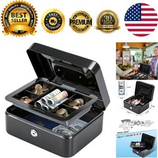 Medium Cash Box with Removable Money Tray, Key Lock Metal Storage Box with 2 ...