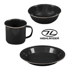Highlander Deluxe Camping Enamel Set Black Mug Plate Bowl Steel Tough Travel